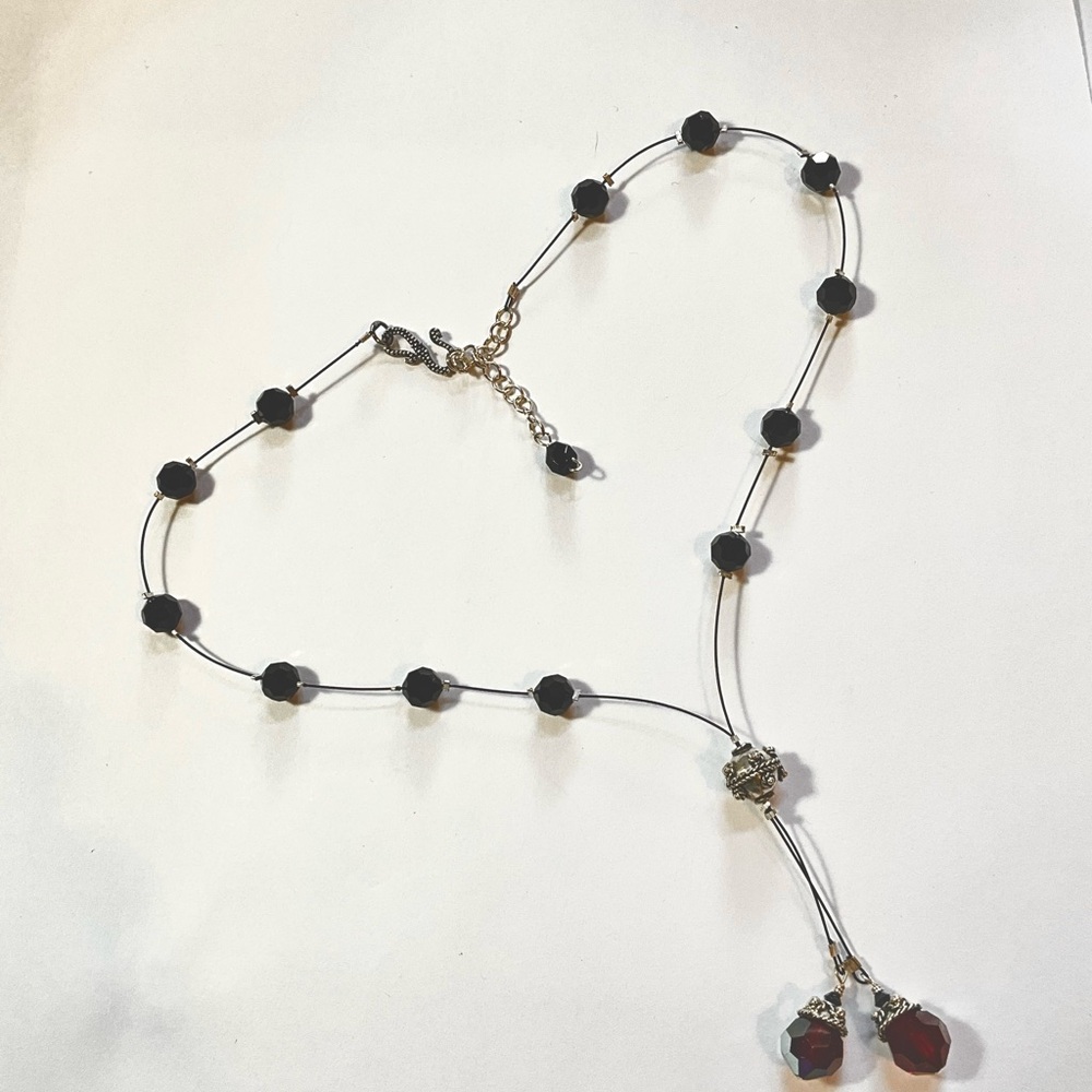 Bali Sterling Silver Black and Red Crystal Beaded Tassel Necklace